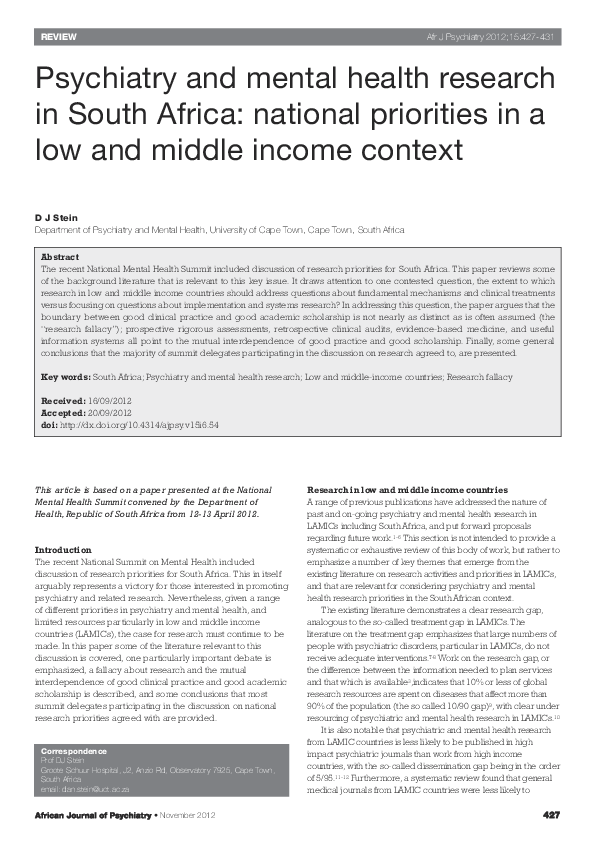 (PDF) Psychiatry and mental health research in South Africa: national ...