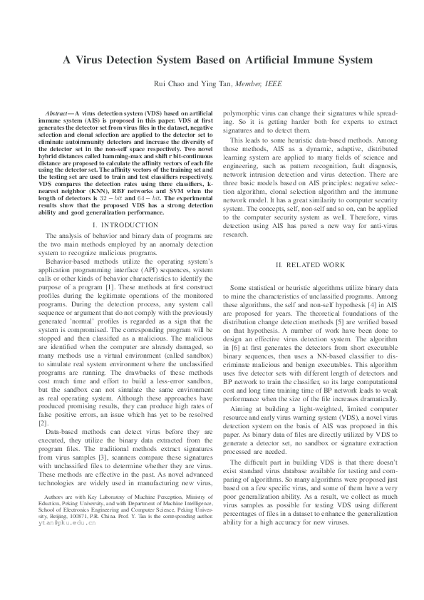 (PDF) A virus detection system based on artificial immune system