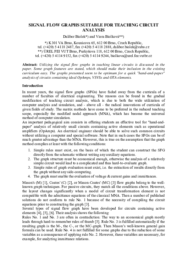 (PDF) Signal Flow Graphs Suitable for Teaching Circuit Analysis Dalibor Biolek Academia.edu