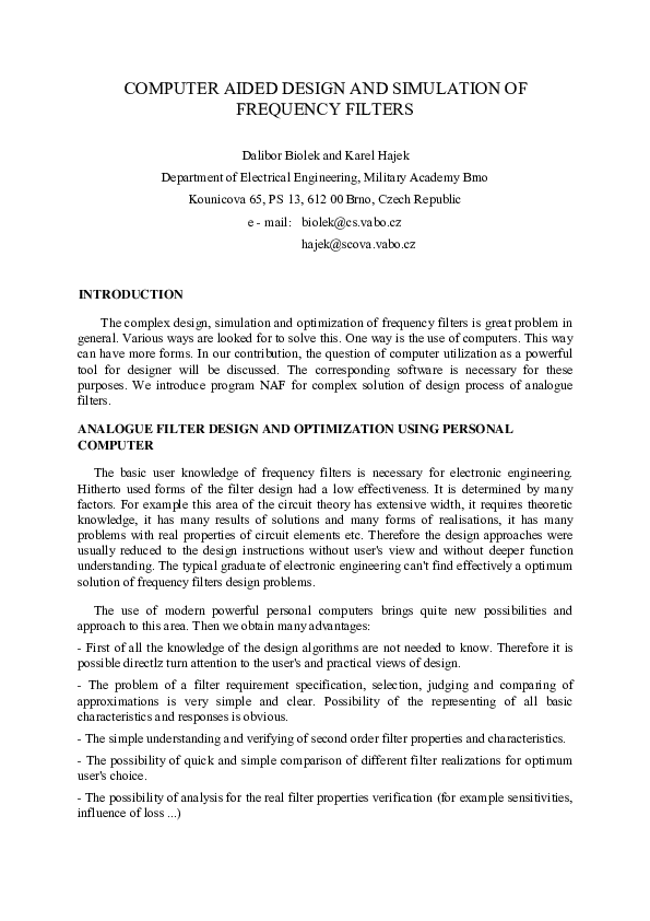 (PDF) COMPUTER AIDED DESIGN AND SIMULATION OF FREQUENCY FILTERS