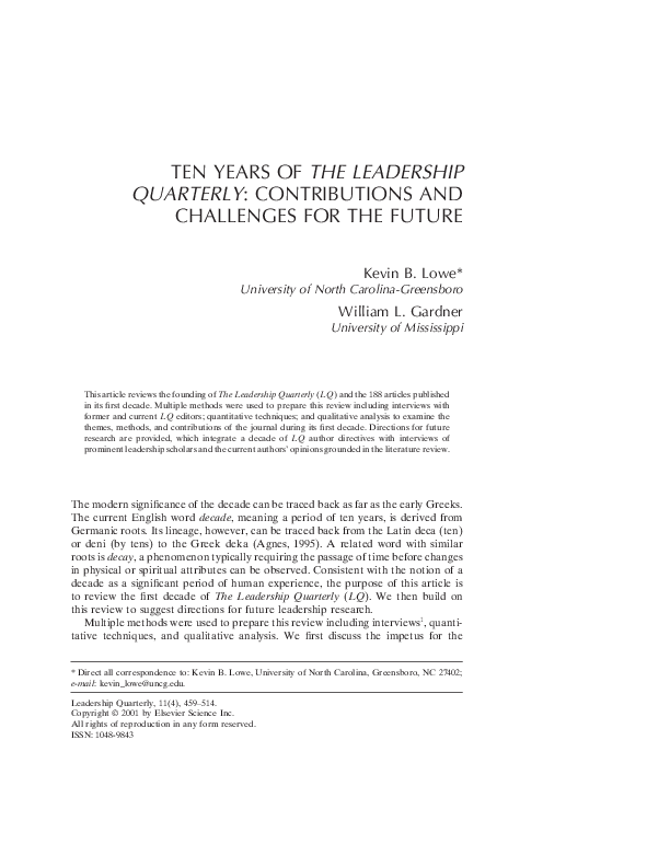 (PDF) Ten years of The leadership quarterly Contributions and
