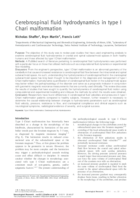(PDF) Cerebrospinal fluid hydrodynamics in type I Chiari malformation