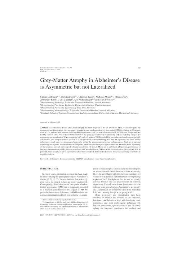 (PDF) Greymatter atrophy in Alzheimer's disease is asymmetric but not