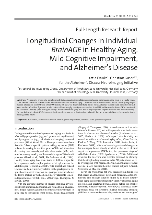 (PDF) Longitudinal changes in individual BrainAGE in healthy aging ...