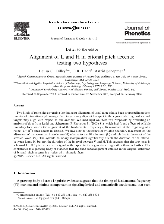 (PDF) Alignment of L and H in bitonal pitch accents testing two