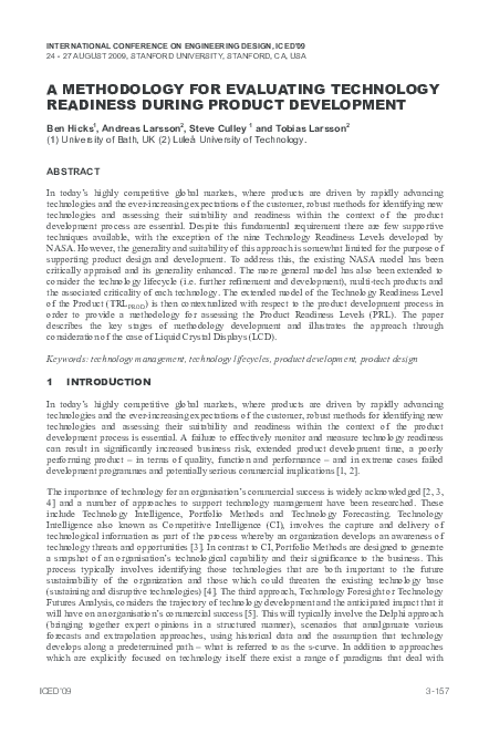 (PDF) A methodology for evaluating technology readiness during product ...