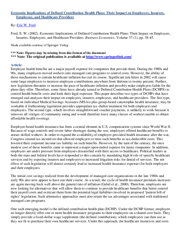 (PDF) Economic Implications of Defined Contribution Health Plans: Their ...