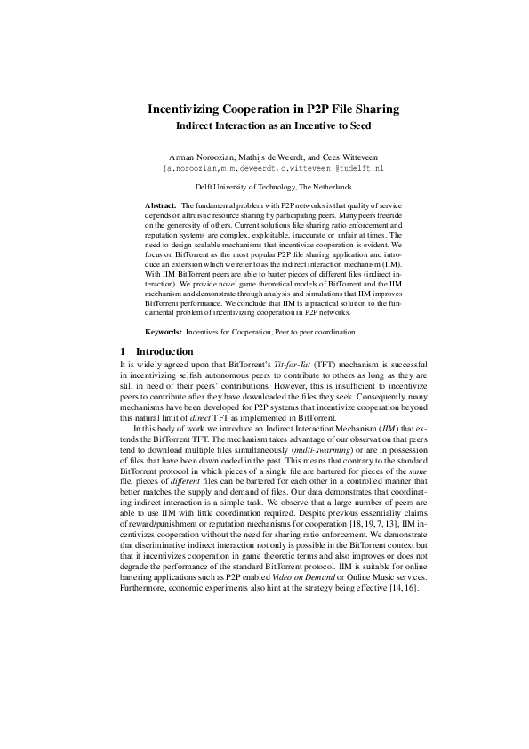(PDF) Incentivizing Cooperation in P2P File Sharing