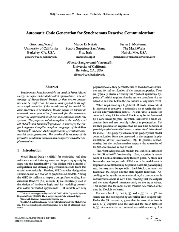 (PDF) Automatic code generation for synchronous reactive communication