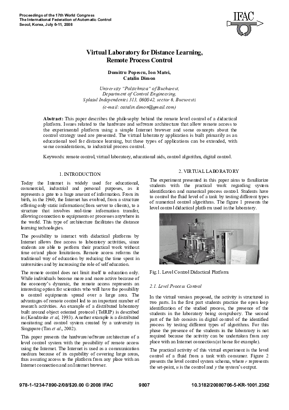 (PDF) Virtual Laboratory for Distance Learning, Remote Process Control