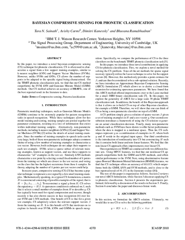 (PDF) Bayesian compressive sensing for phonetic classification