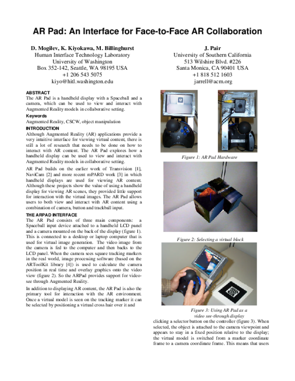 (PDF) AR Pad: An interface for face-to-face AR collaboration