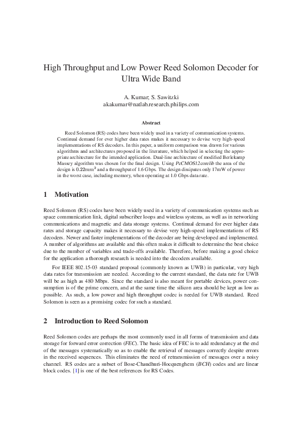 (PDF) High Throughput and Low Power Reed Solomon Decoder for Ultra Wide ...