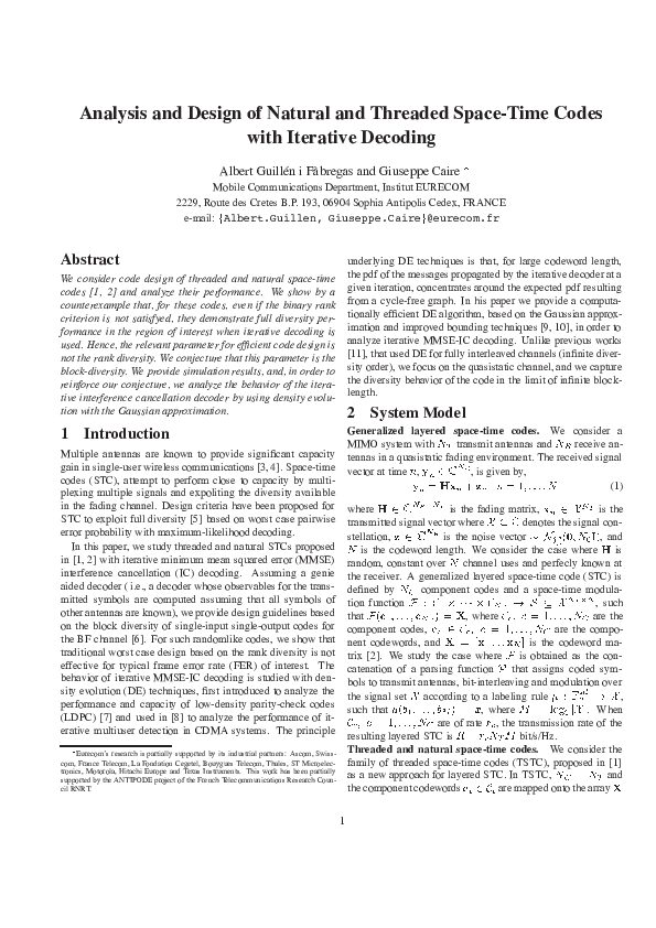 (PDF) Analysis and design of natural and threaded space-time codes with ...