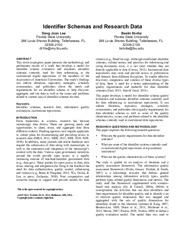 (PDF) Identifier schemas and research data