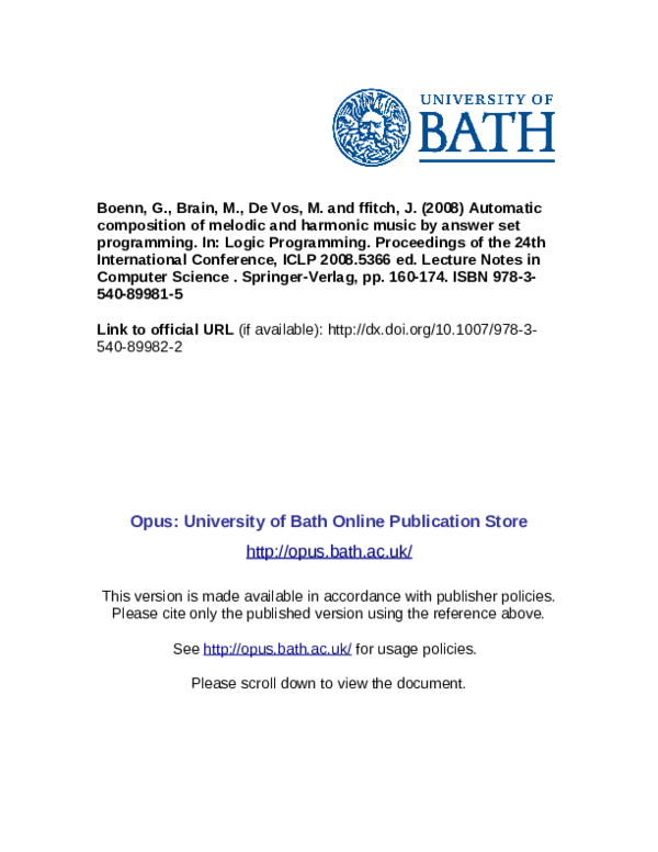 (PDF) Automatic composition of melodic and harmonic music by answer set ...