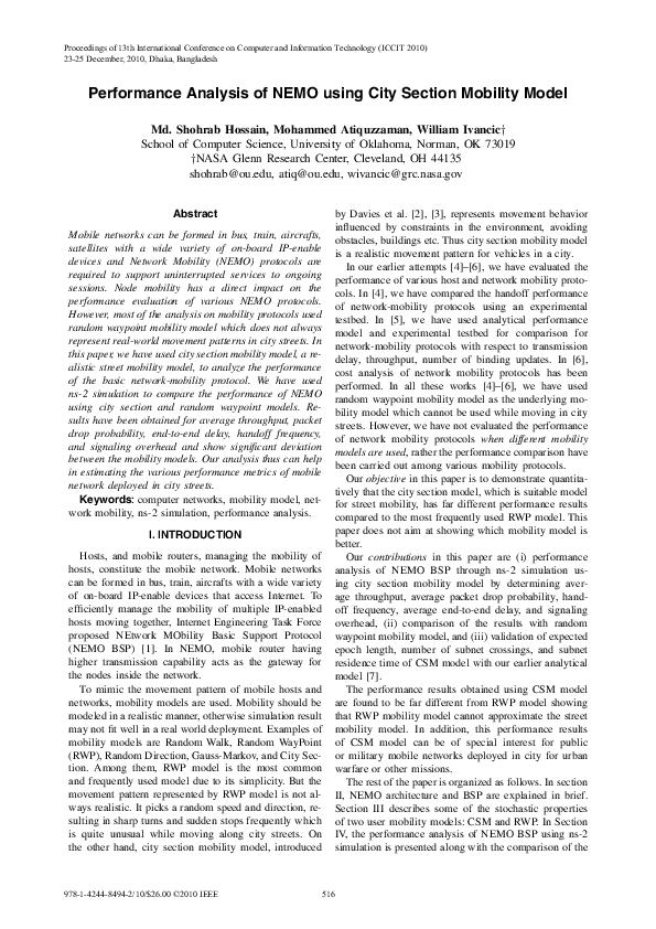 (PDF) Performance analysis of NEMO using city section mobility model
