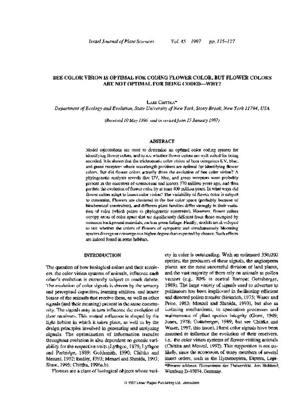 (PDF) BEE COLOR VISION IS OPTIMAL FOR CODING FLOWER COLOR, BUT FLOWER