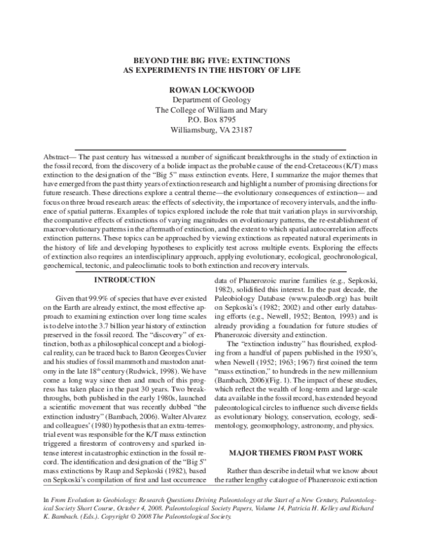 (PDF) Beyond the Big Five: Extinctions as experiments in the history of ...