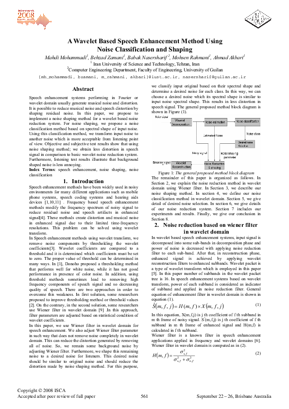 (PDF) A Wavelet Based Speech Enhancement Method Using Noise ...