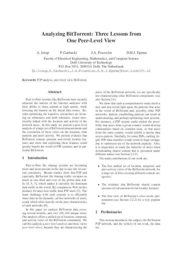 (PDF) Analyzing bittorrent: Three lessons from one peer-level view