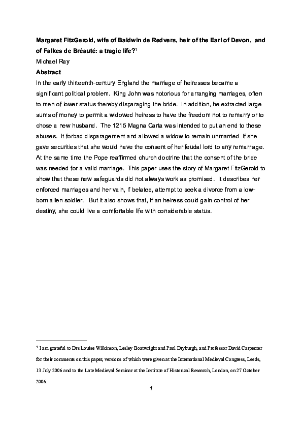 Margaret FitzGerold, wife of Baldwin de Redvers, heir of the Earl of Devon,  and of Falkes de Bréauté: a tragic life?