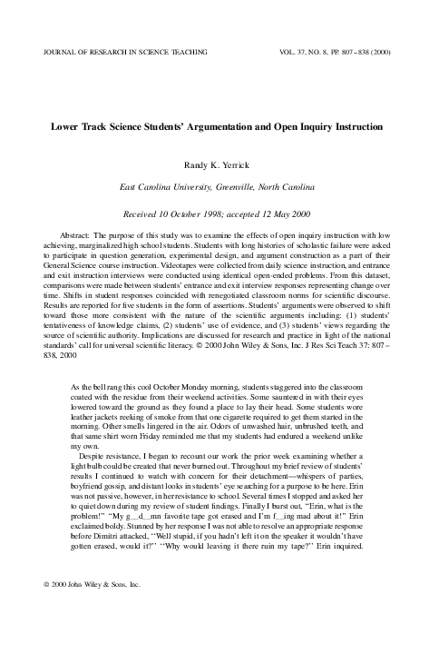 First page of “Lower track science students' argumentation and open inquiry instruction”