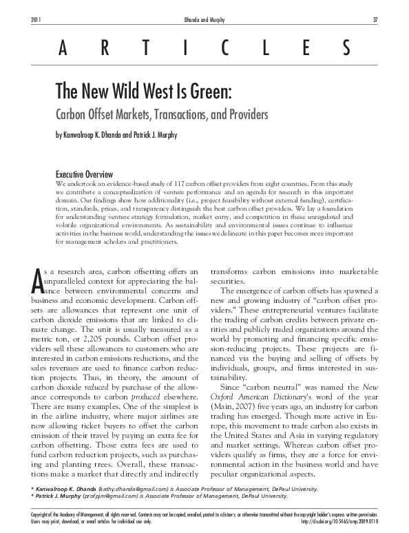 The new wild west is green: Carbon offset markets, transactions, and providers