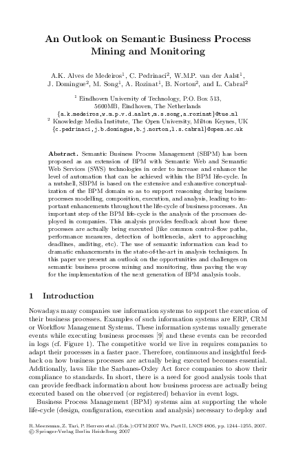 (PDF) An outlook on semantic business process mining and monitoring