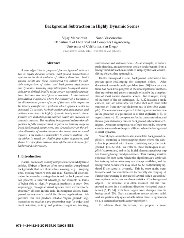 (PDF) Background subtraction in highly dynamic scenes