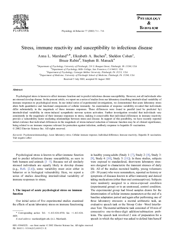 (PDF) Stress, immune reactivity and susceptibility to infectious disease