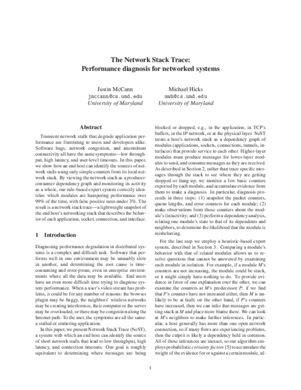 (PDF) The Network Stack Trace: Performance diagnosis for networked systems