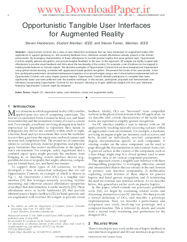 (PDF) Opportunistic tangible user interfaces for augmented reality