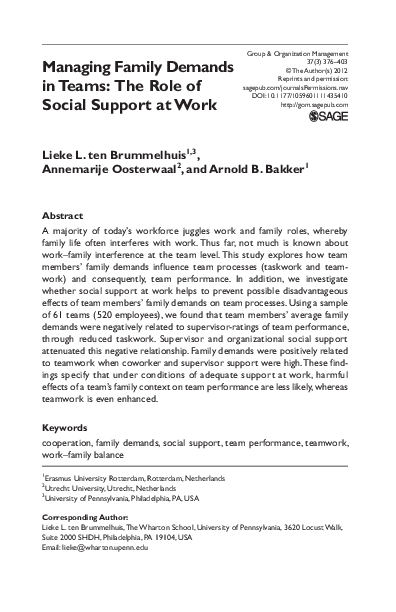 (PDF) Managing Family Demands in Teams The Role of Social Support at Work