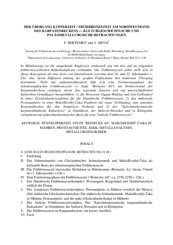 First page of “(2002) F. Bertemes & V. Heyd, Der Übergang Kupferzeit / Frühbronzezeit am Nordwestrand des Karpatenbeckens. In: Die Anfänge der Metallurgie in der Alten Welt, hrsg. von M. Bartelheim et al. Forschungen zur Archäometrie und Altertumswissenschaft 1 (Rahden/Westfalen: Leidorf), p. 185-229.”
