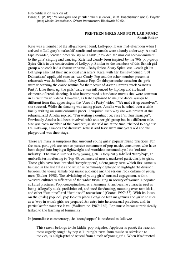 Pdf Pre Teen Girls And Popular Music Sarah Baker Academia Edu academia edu