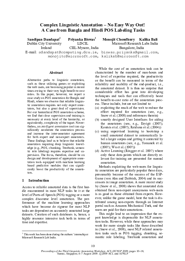 Pdf Complex Linguistic Annotation No Easy Way Out A Case From Bangla And Hindi Pos Labeling Tasks Priyanka Biswas Academia Edu