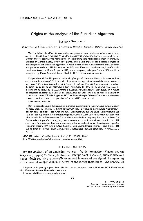 (PDF) Origins of the analysis of the Euclidean algorithm