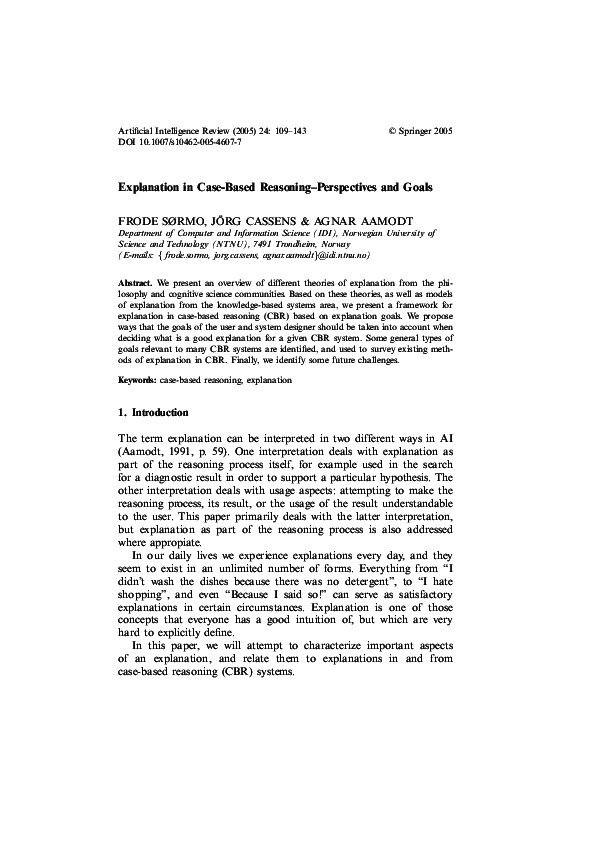 (PDF) Explanation in case-based reasoning perspectives and goals