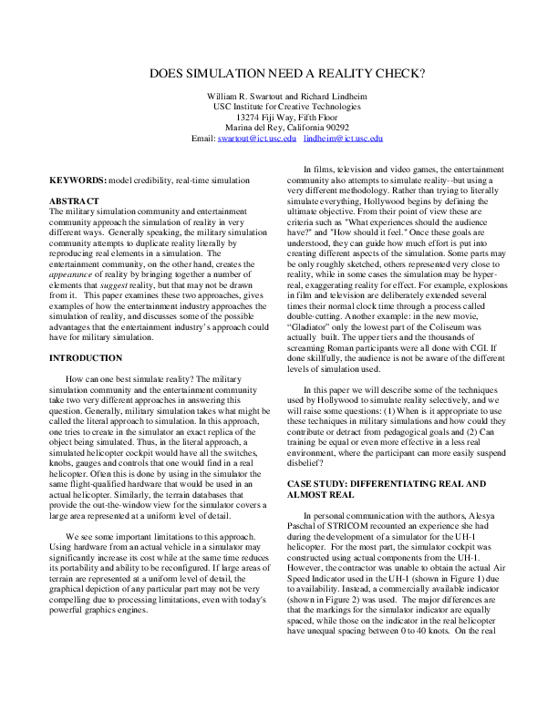 (PDF) Does Simulation Need a Reality Check?