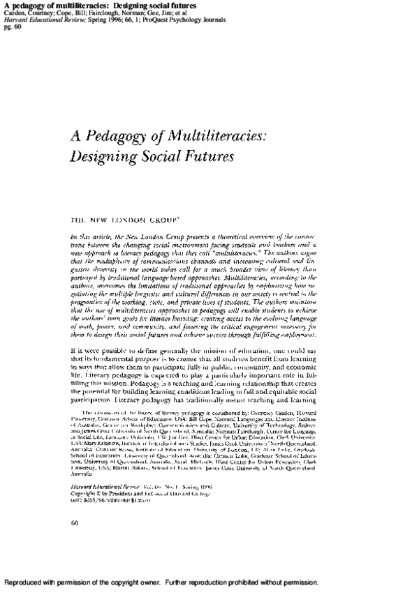 (PDF) A pedagogy of multiliteracies: Designing social futures