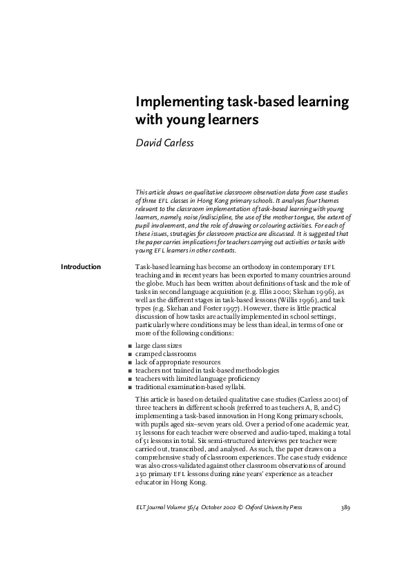 Pdf Implementing Task Based Learning With Young Learners