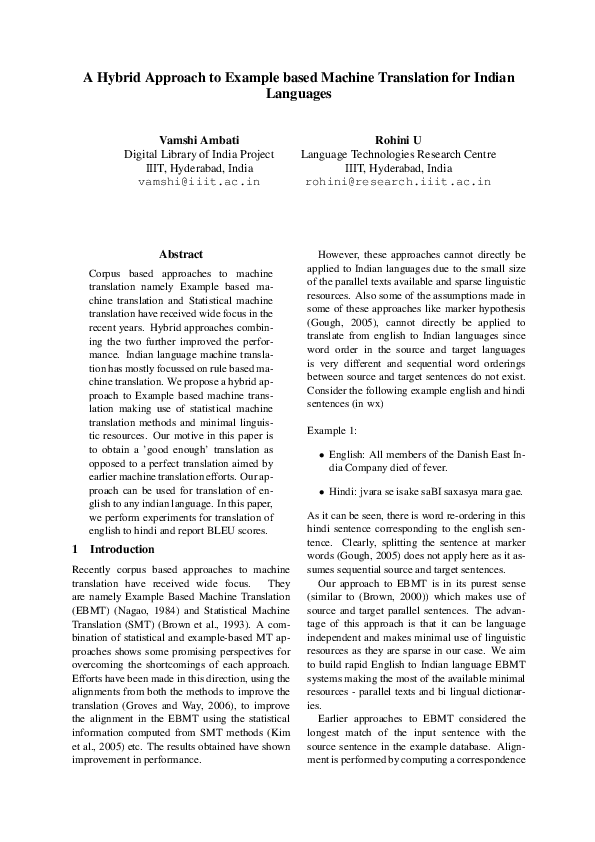 (PDF) A hybrid approach to example based machine translation for Indian ...