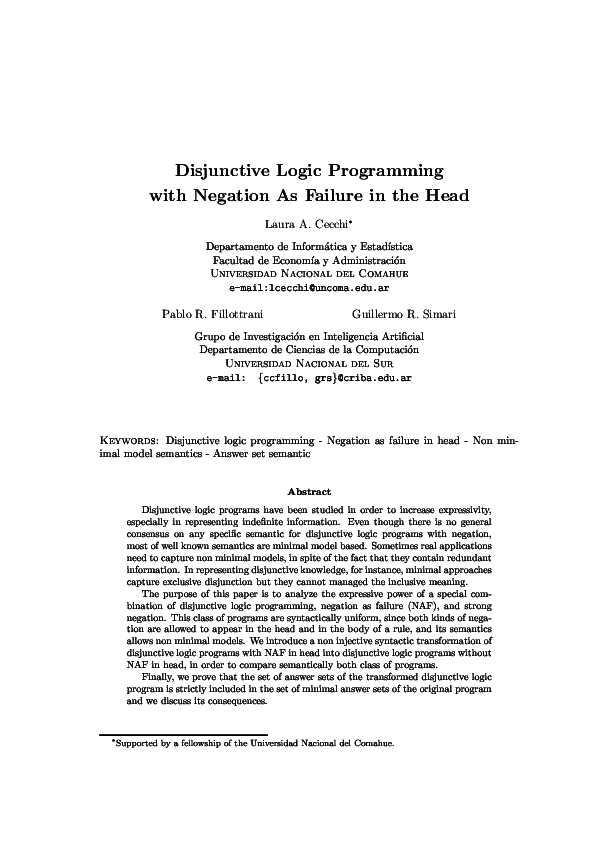 (PDF) Disjunctive logic programming with negation as failure in the head