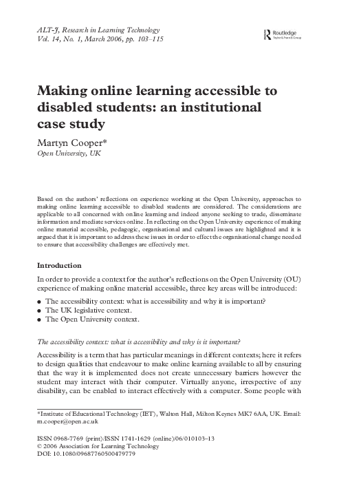 Pdf Making Online Learning Accessible To Disabled Students An Institutional Case Study Pdf Making Online Learning Accessible To Disabled Students An Institutional Case Study