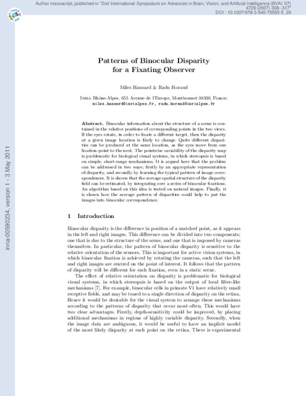 (PDF) Patterns of binocular disparity for a fixating observer Simone