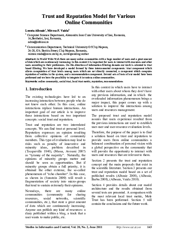 (PDF) Trust and Reputation Model for Various Online Communities
