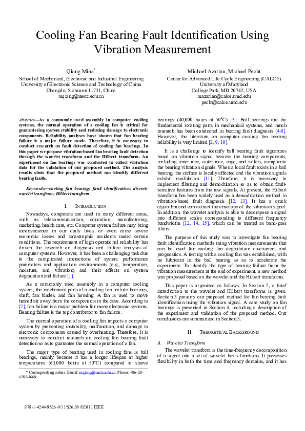 (PDF) Cooling fan bearing fault identification using vibration
