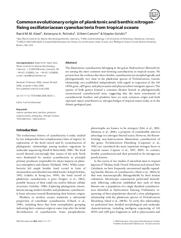 (PDF) Common evolutionary origin of planktonic and benthic nitrogen ...