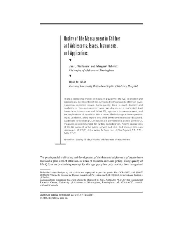 (PDF) Quality of life measurement in children and adolescents issues